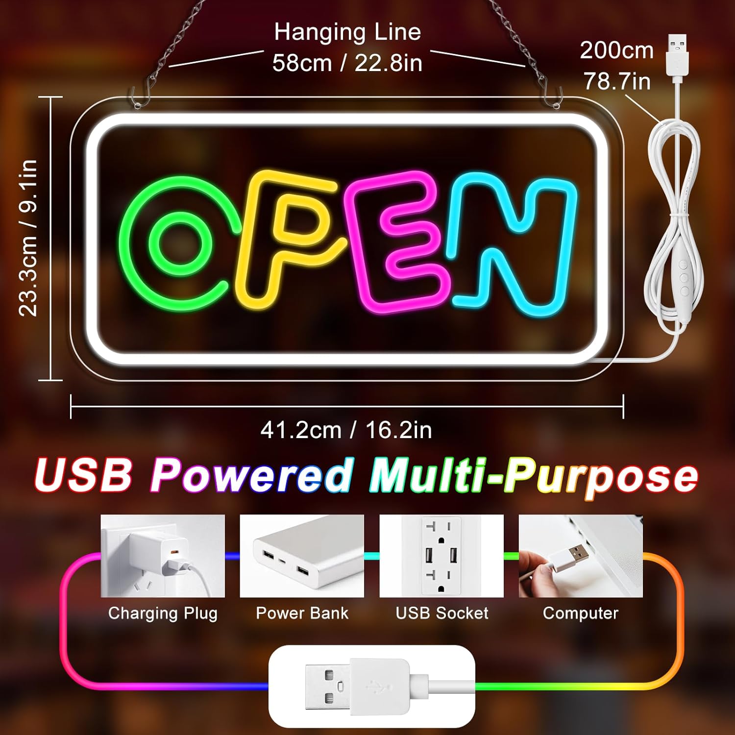 OPEN Neon Sign – USB Powered | 17×9 inch (43×22 cm) | Horizontal or Vertical Style | Multicolor LED Light for Storefront & Business Decor