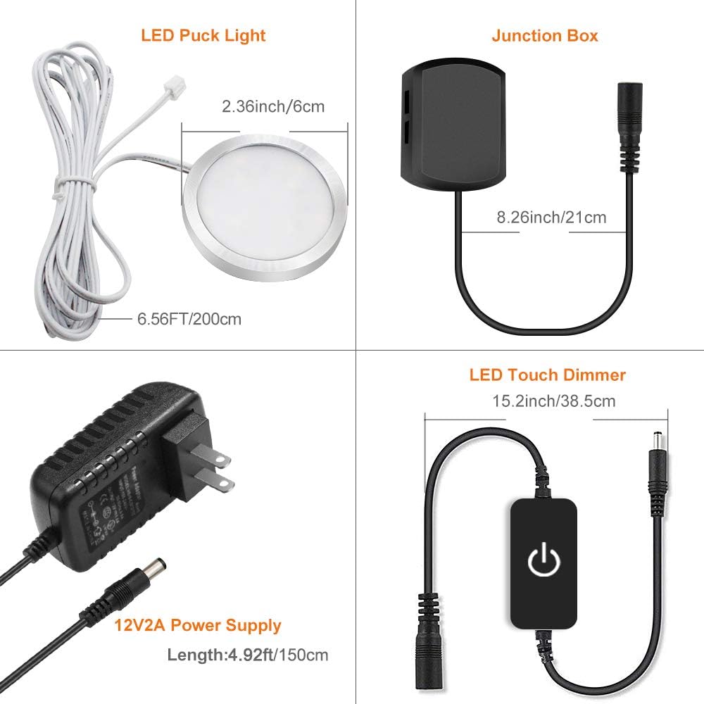 3er-/6er-Pack LED-Puck-Schrankleuchten – Warmweiß/Tageslichtweiß | Silber-Finish | 12-V-Adapter mit US-/UK-Stecker | Dimmbar per Touch | Klebemontage | für Küche und Unterschrank