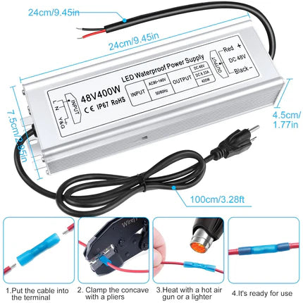 48-V-LED-Netzteil, 175–265 V Eingang, 100–400 W, Konstantspannungstransformator, IP67 wasserdichtes SMPS, CE/RoHS/FCC – UK/EU-Stecker und Kabeloptionen