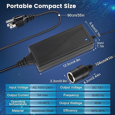 DC 12 V Zigarettenanzünder-Tischnetzteiladapter 60 W–120 W, AC 100–240 V Eingang, Konvertertransformator mit US/UK-Stecker – für Autozubehör, Luftpumpe, Kühler und Elektronik