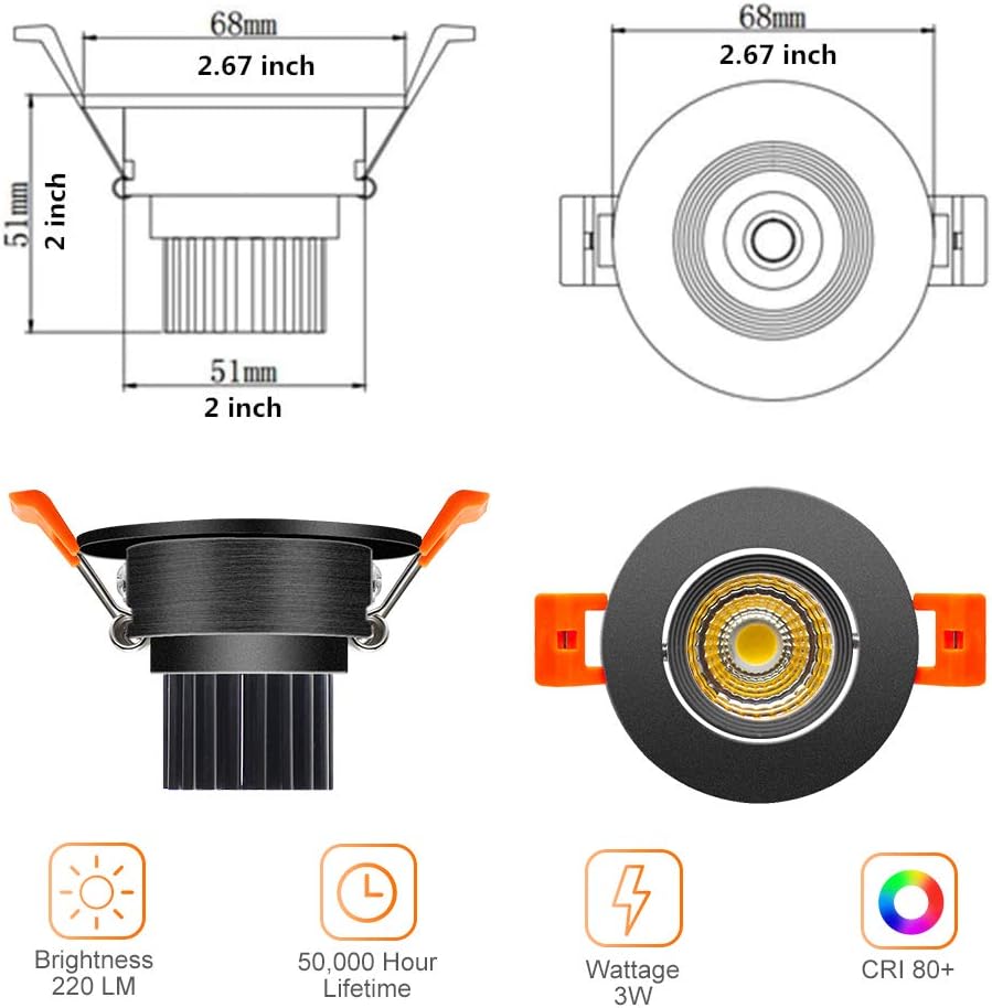 Spot LED encastrable COB réglable série ECO-2 – Boîtier noir – Intensité variable TRIAC – 3 W/5 W/9 W – Lot de 4/Lot de 10 – 3 000 K–6 000 K – 100–130 V / 200–240 V