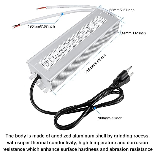 24V Waterproof LED Transformer, 90–140V Input, 200W–500W, Single/Dual Wire Output, CE/RoHS/FCC — US Plug & Wire Leads, Aluminum Housing, Outdoor Lighting Adapter