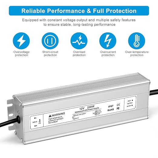 Wasserdichter 12-V-LED-Transformator, 90–140 V Eingang, 200 W–500 W, Einzel-/Doppelkabelausgang, CE/RoHS/FCC – US-Stecker und Kabeloptionen