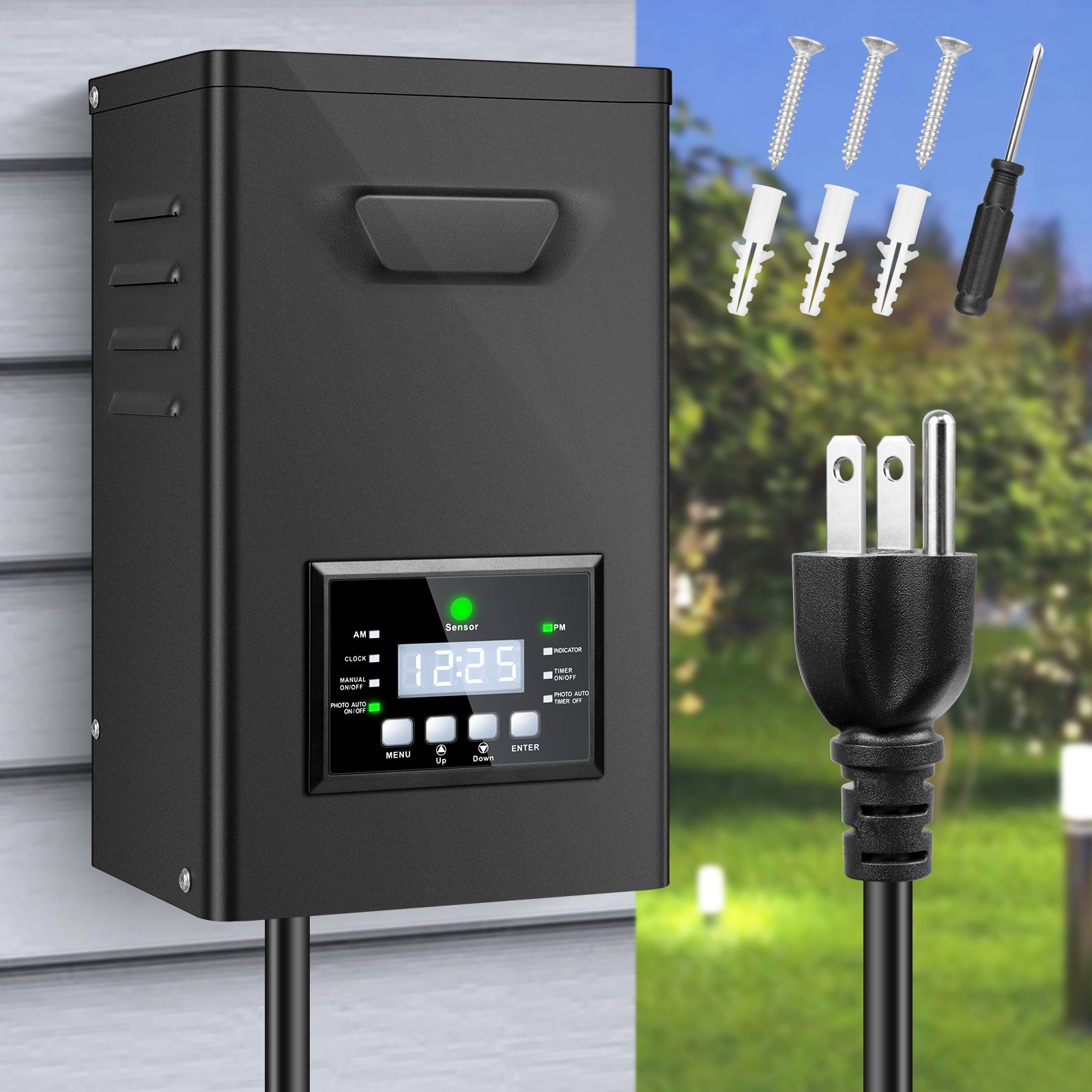 Transformateur basse tension robuste pour éclairage extérieur, 300 W/400 W, 120 V CA vers 12 V/14 V CA, avec minuterie LCD et capteur photoélectrique.