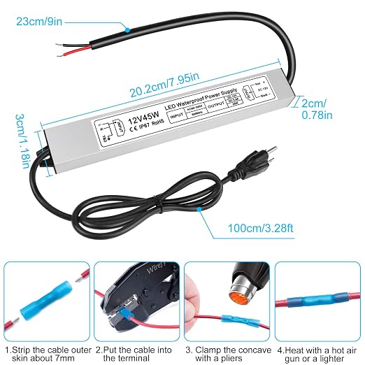 12V Waterproof LED Power Supply 30W–280W, 90–265V Input, Single/Dual Wire Output, Aluminum Housing, Outdoor LED Driver, CE/RoHS/FCC —US/UK/EU Plug & Wire Leads Options