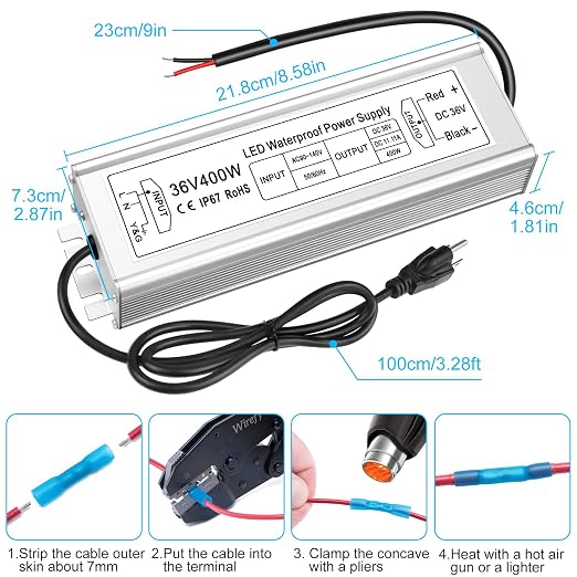 36-V-LED-Netzteil (Konstantspannung), 90–140 V Eingang, 100–400 W, Einzelausgang, IP67 wasserdicht, CE/RoHS/FCC – US-Stecker und Kabeloptionen