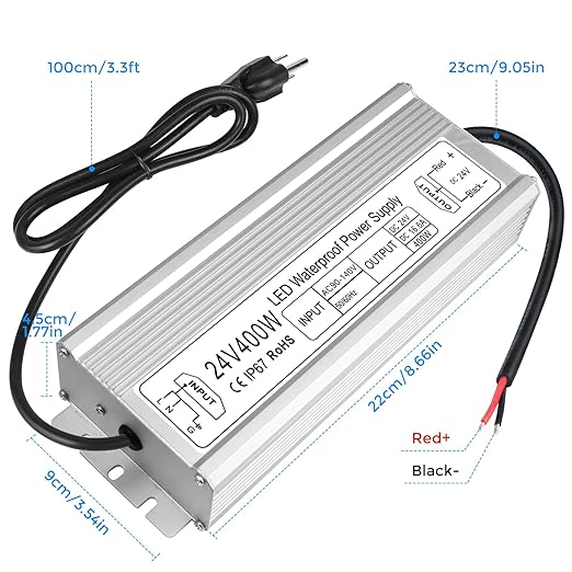 24V Waterproof LED Transformer, 90–140V Input, 200W–500W, Single/Dual Wire Output, CE/RoHS/FCC — US Plug & Wire Leads, Aluminum Housing, Outdoor Lighting Adapter