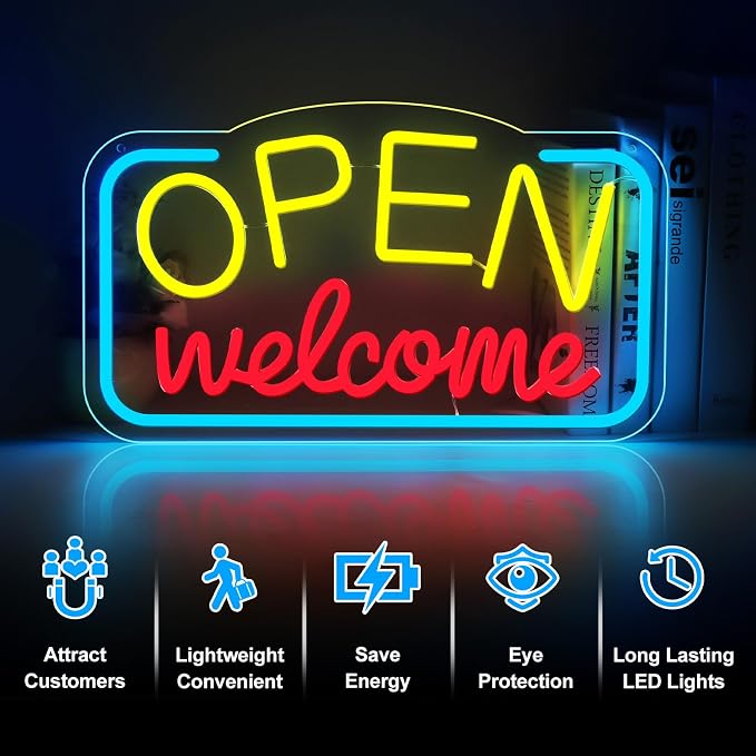 OPEN Welcome Silicone Neon Signs – USB Powered | 16.9×9.4 inch | LED Light for Storefront Window | 2 Color Options