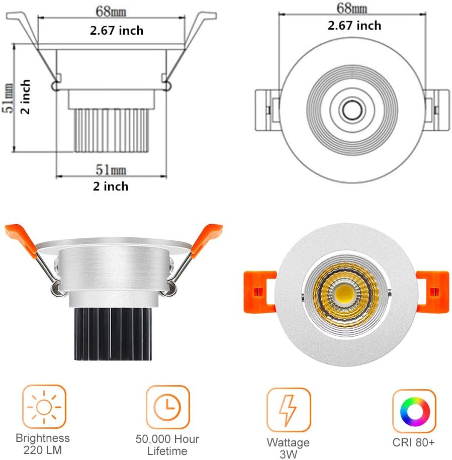 Spot LED encastrable COB réglable série ECO-2 – Boîtier argenté – Intensité variable TRIAC – 3 W/5 W/9 W – Lot de 4/Lot de 10 – 3 000 K–6 000 K – 100–130 V / 200–240 V
