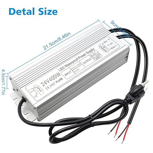 24V Waterproof LED Transformer, 90–140V Input, 200W–500W, Single/Dual Wire Output, CE/RoHS/FCC — US Plug & Wire Leads, Aluminum Housing, Outdoor Lighting Adapter