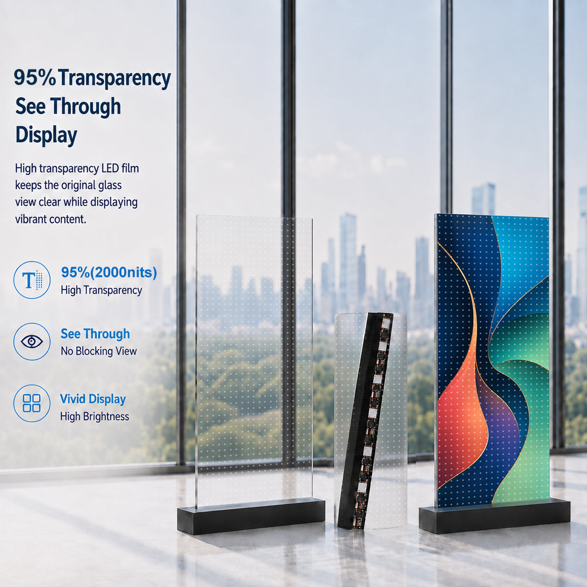 【Standard Modular Panel】HC Series P20 Ultra-Thin Adhesive Transparent LED Film – 400×1000 mm (15.75×39.37 in) | 2000nits | 95% Transparency Glass Display for Facades & Exhibition | Multiple Kit Options | Plug & Play