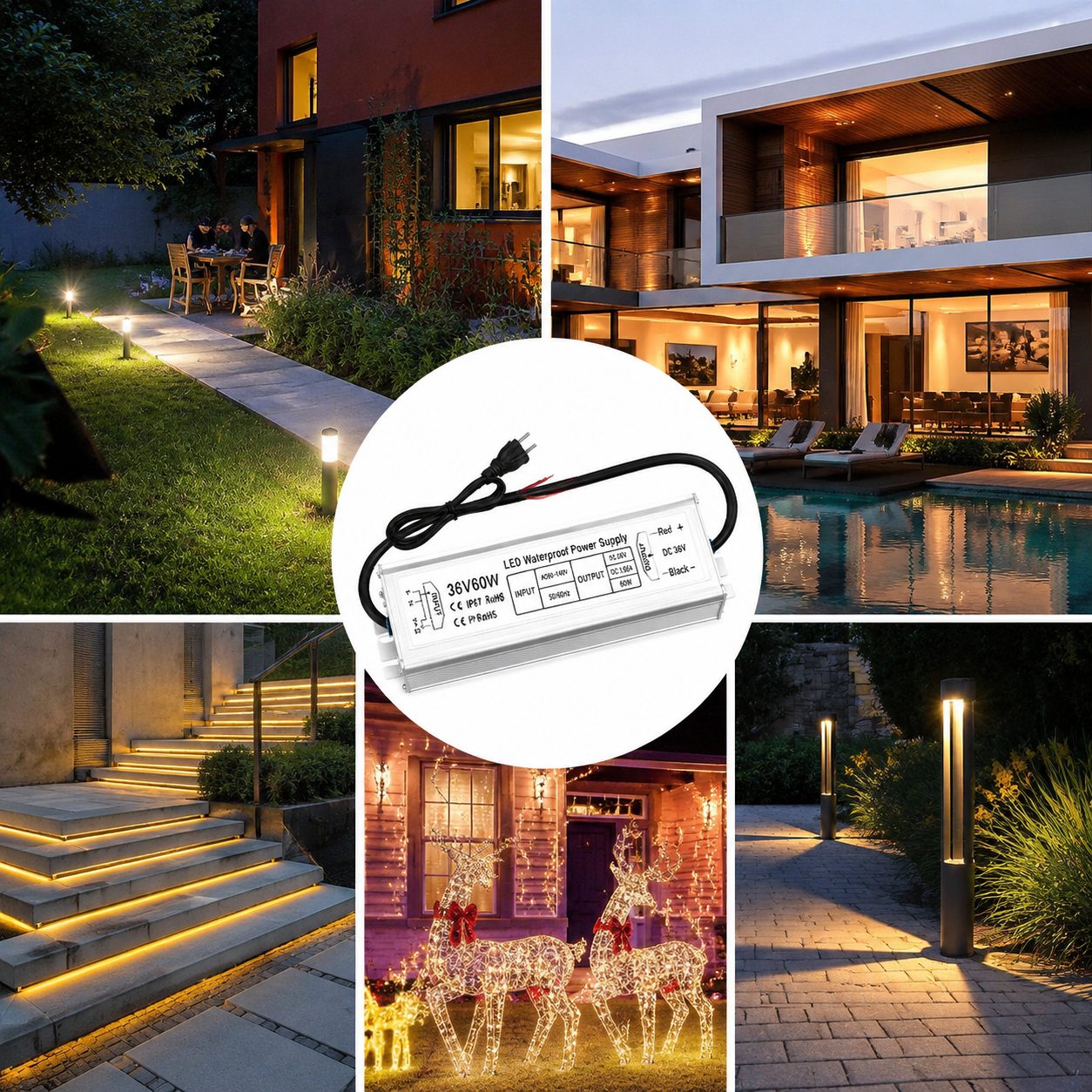 36 V IP67 wasserdichtes LED-Netzteil (Treiber) 60 W/80 W, 90–265 V AC-Eingang, Einzeldrahtausgang, LED-Treiber für den Außenbereich, CE/RoHS/FCC – US/UK/EU-Stecker und Kabelleitungen (3-adrig)