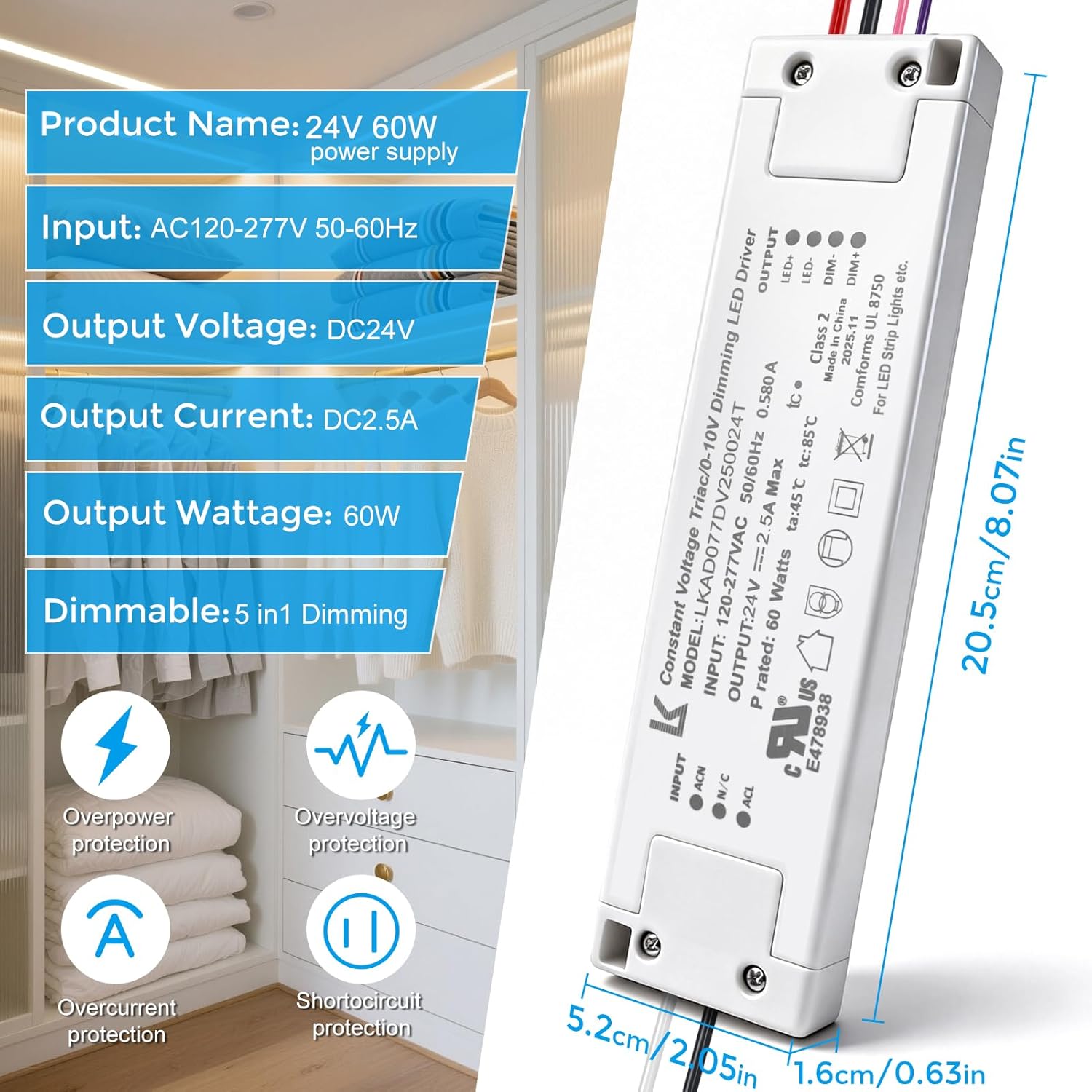 24V DC Plastic Case 5-in-1 Dimmable LED Power Supply, 60W, UL Listed, AC 120–277V Input, Waterproof Driver for Traic/ELV/0-10V/PWM/Resistive Control, 1/10-Pack