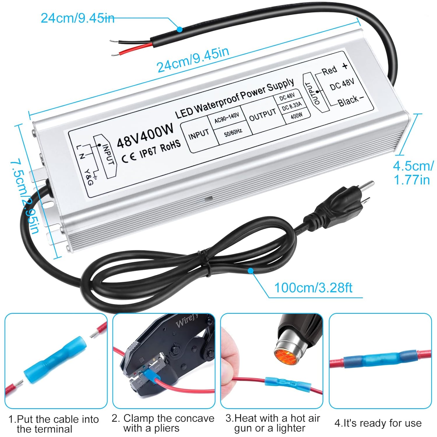48V Waterproof LED Power Supply 60W–80W, 90–265V AC Input, Single Output Transformer, IP67 SMPS, CE/RoHS/FCC — US/UK/EU Plug & Wire Leads Options