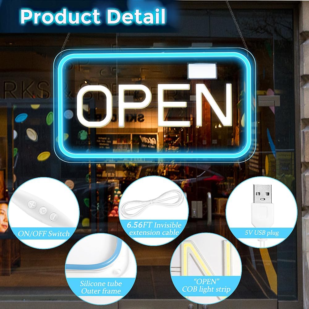 Enseigne néon verticale « OPEN » – Alimentation USB | 44 × 24 cm | 6 couleurs | Suspension LED pour vitrine