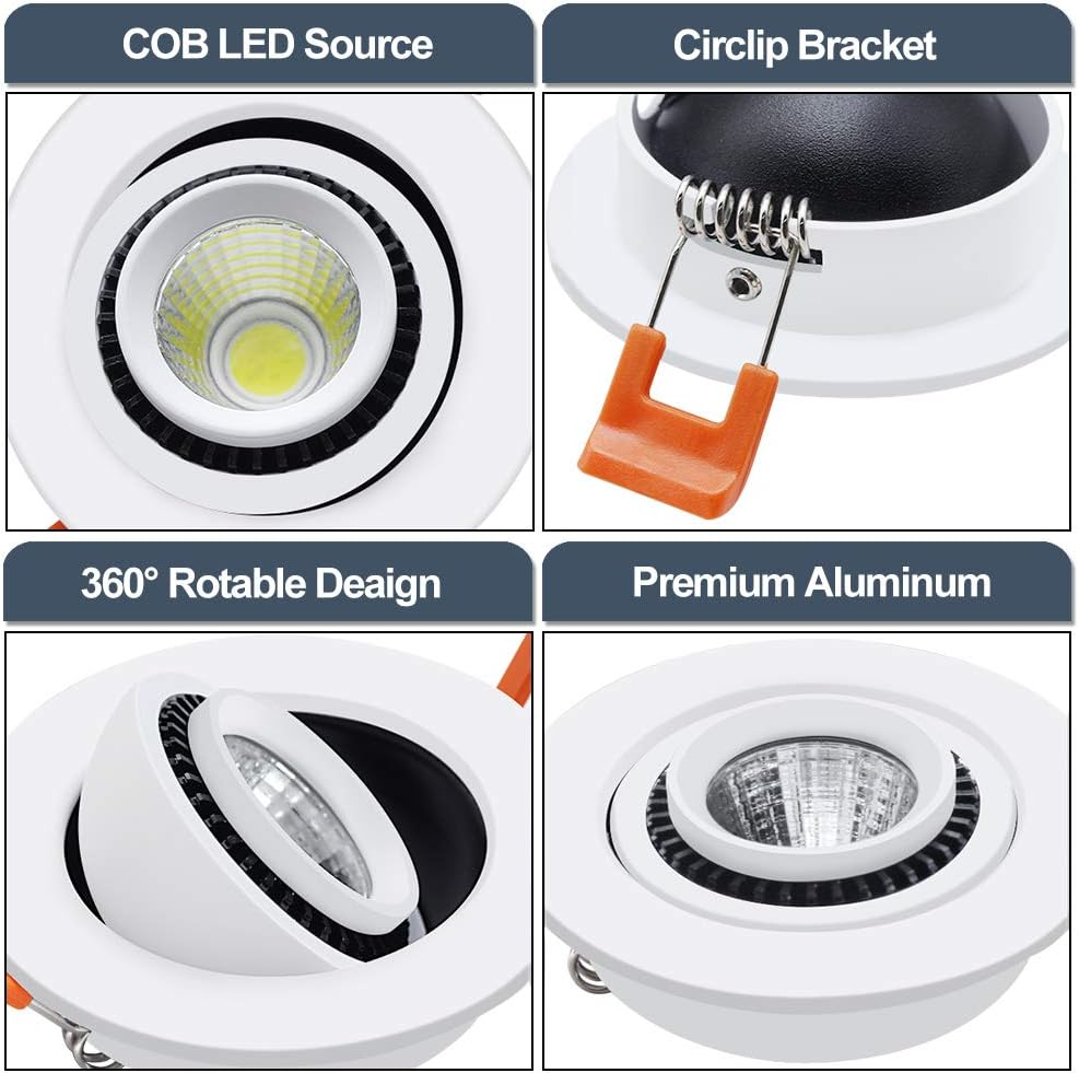 Spot LED COB à cardan ECO-3 Series – Boîtier blanc – Intensité variable TRIAC – 3 W/5 W/7 W – Lot de 4 – 3 000 K–6 000 K – 100–130 V / 200–240 V
