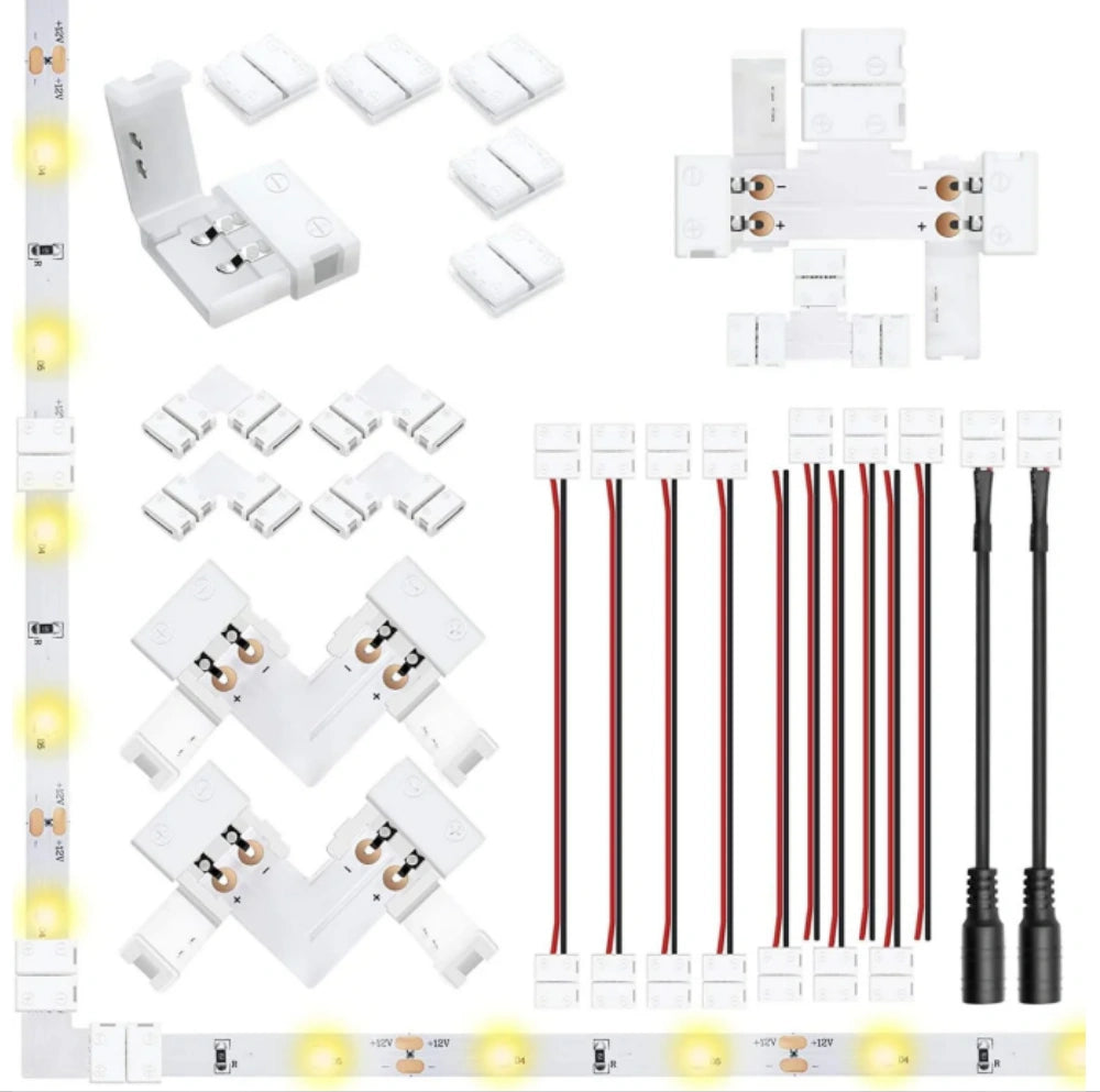 LED-Streifen-Anschlusssatz – 8 mm 2-poliges lötfreies Sortimentspaket | Gemischtes Set mit Streifen zu Kabel / Streifen zu Streifen / L / T / DC-Stecker – Lokaler Lagerbestand US/UK