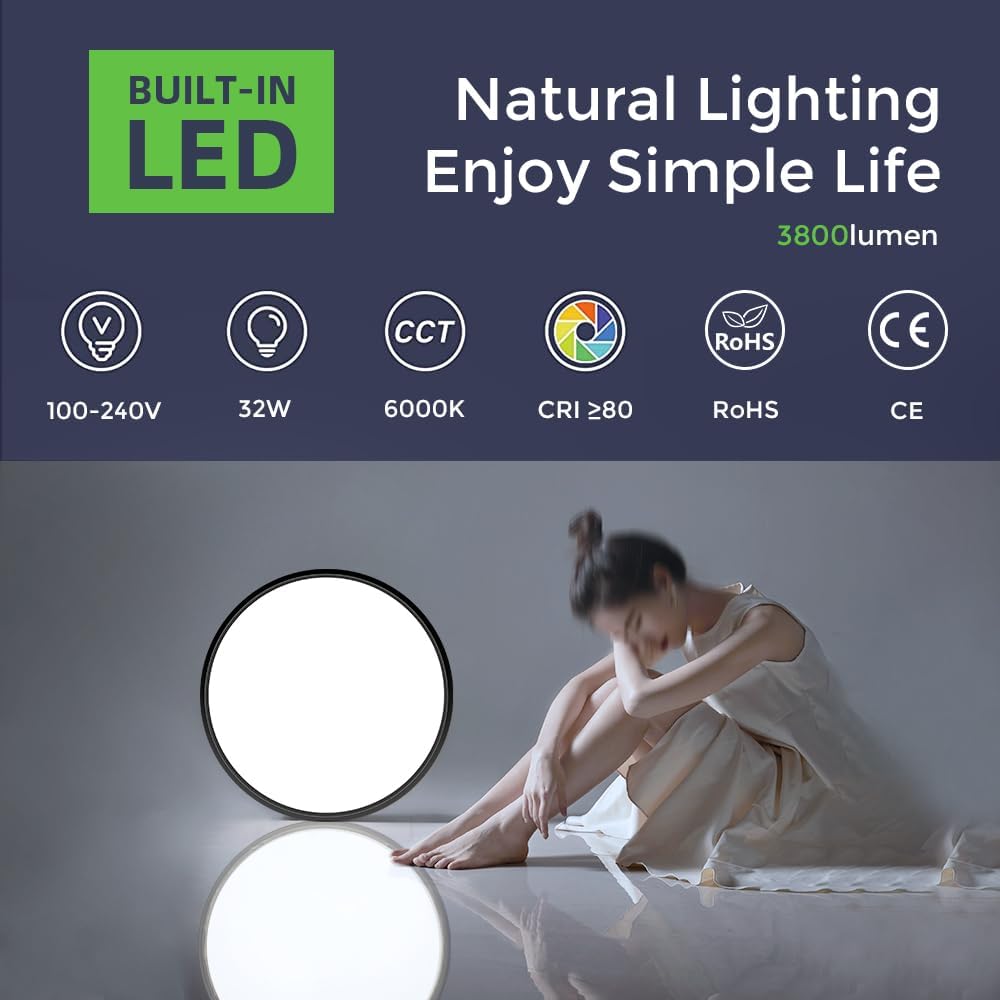 Plafonnier LED rond AC 110–130 V – Noir – Options 18 W/24 W/32 W – 3 000 K/4 500 K/5 000 K/6 500 K – Plafonnier encastré – Stock local (États-Unis)