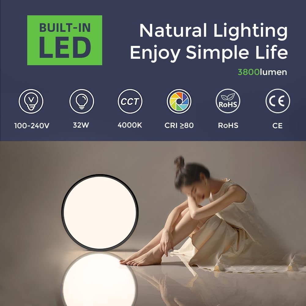 Plafonnier LED rond AC 110–130 V – Noir – Options 18 W/24 W/32 W – 3 000 K/4 500 K/5 000 K/6 500 K – Plafonnier encastré – Stock local (États-Unis)