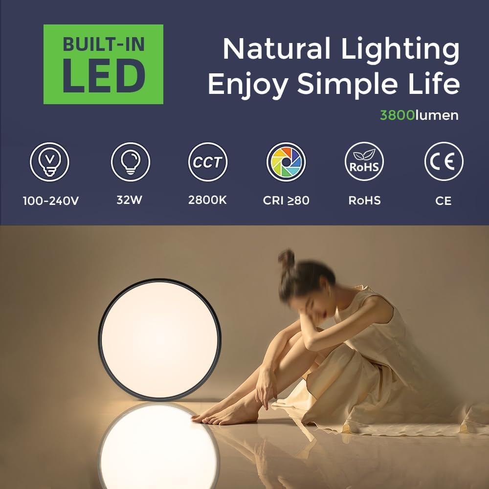 Plafonnier LED rond AC 110–130 V – Noir – Options 18 W/24 W/32 W – 3 000 K/4 500 K/5 000 K/6 500 K – Plafonnier encastré – Stock local (États-Unis)