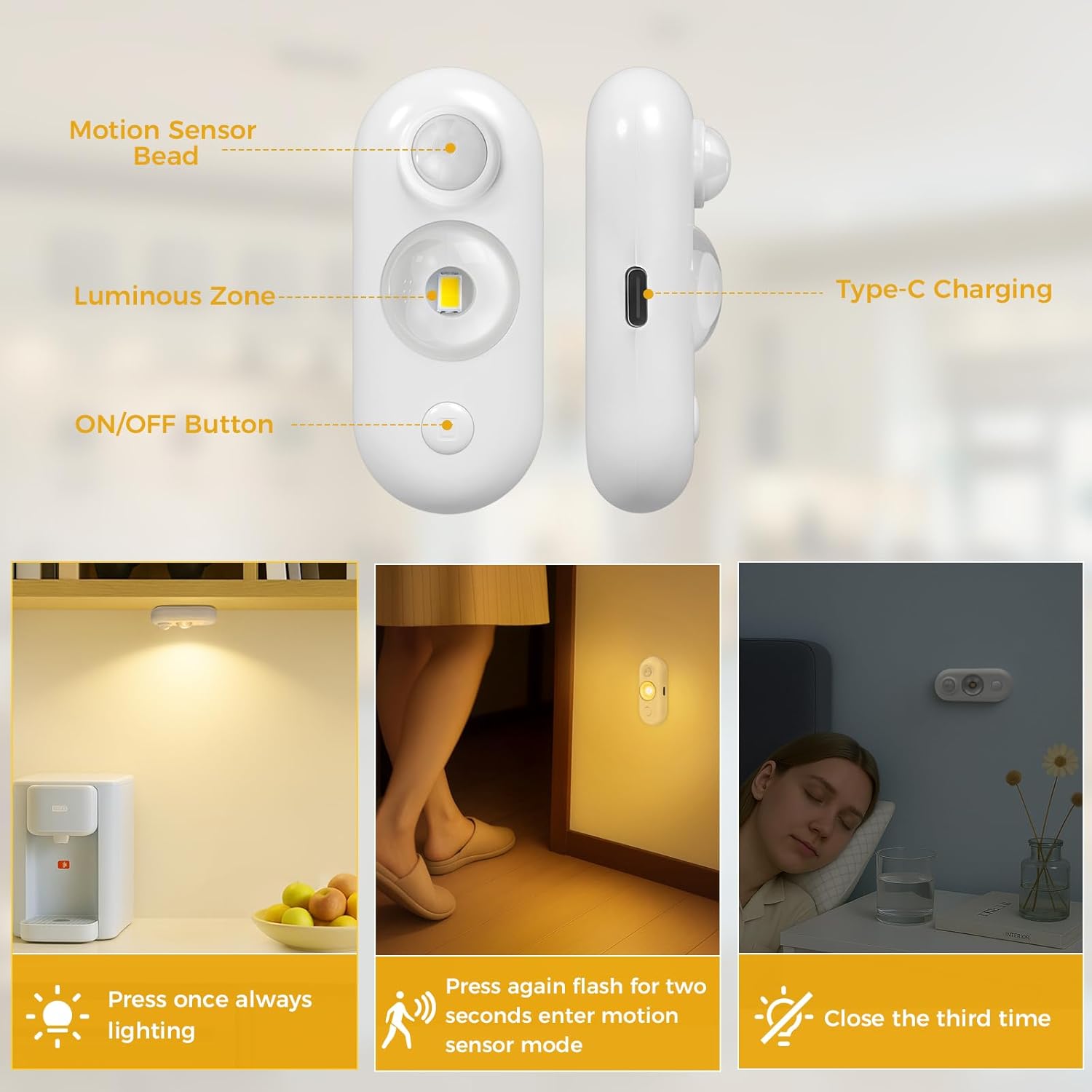 4/6 Pack Rechargeable Oval LED Closet Light | Motion Sensor, Tap Switch, Dimmable | Warm / Daylight White | Black / White Finish | Magnetic Mounting for Closets & Cabinets