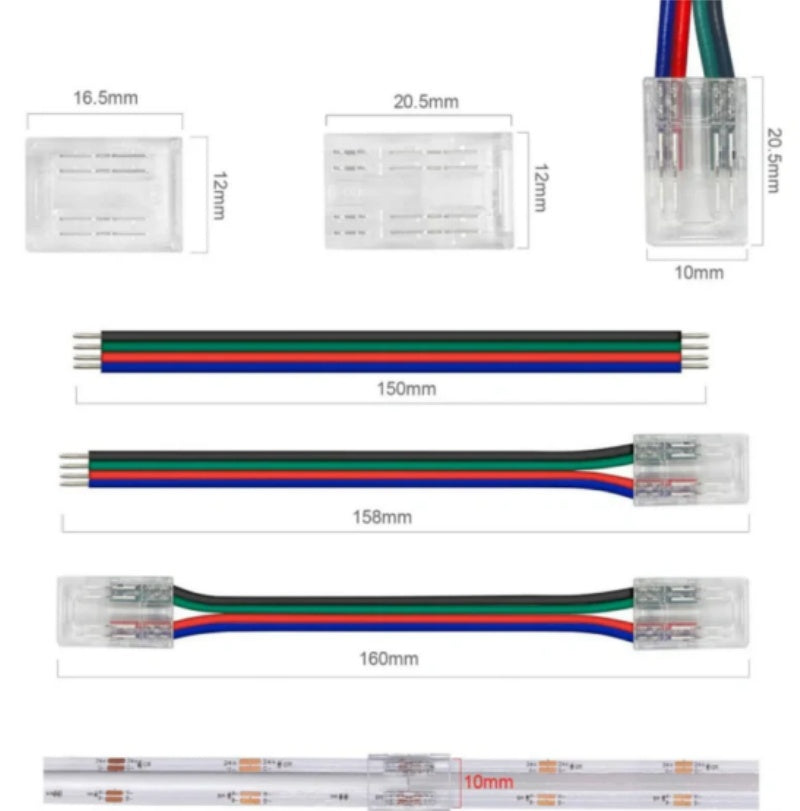 Transparente Kristall-LED-Streifenverbinder – 10 mm 4-polige lötfreie Clips | Streifen zu Kabel / Streifen zu Streifen / Buchsenstecker – Lokaler Lagerbestand US/UK