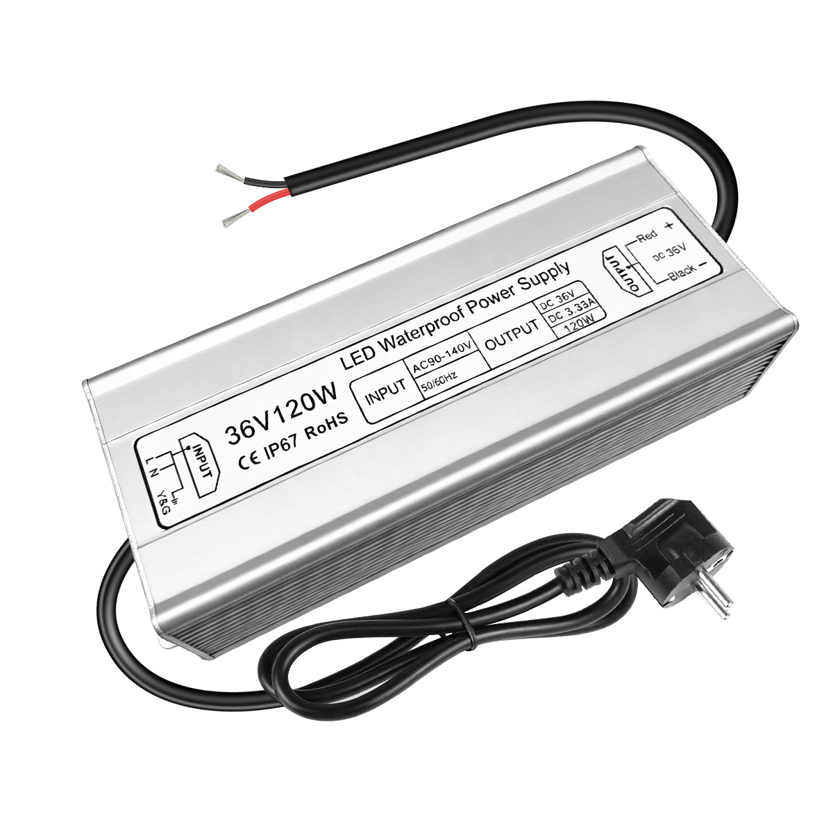 Pilote LED 36 V, entrée 175–265 V, 100–400 W, sortie unique, alimentation à découpage étanche IP67, CE/RoHS/FCC — Options de fiches et de câbles UK/EU