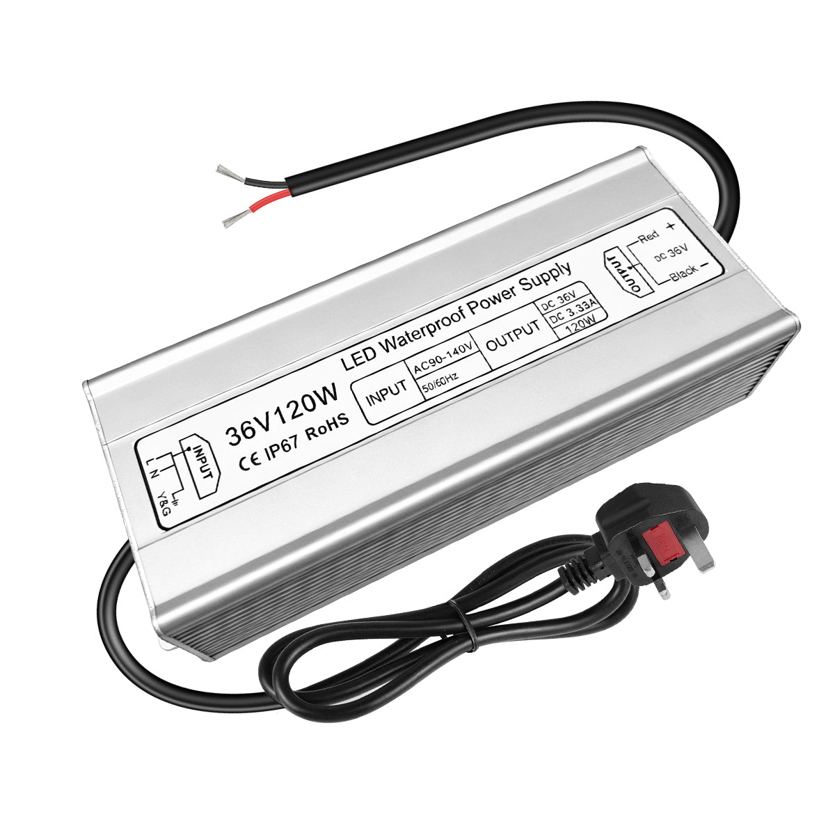 Pilote LED 36 V, entrée 175–265 V, 100–400 W, sortie unique, alimentation à découpage étanche IP67, CE/RoHS/FCC — Options de fiches et de câbles UK/EU