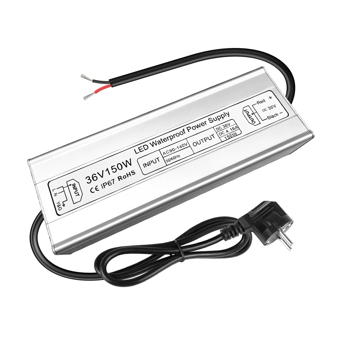 Pilote LED 36 V, entrée 175–265 V, 100–400 W, sortie unique, alimentation à découpage étanche IP67, CE/RoHS/FCC — Options de fiches et de câbles UK/EU