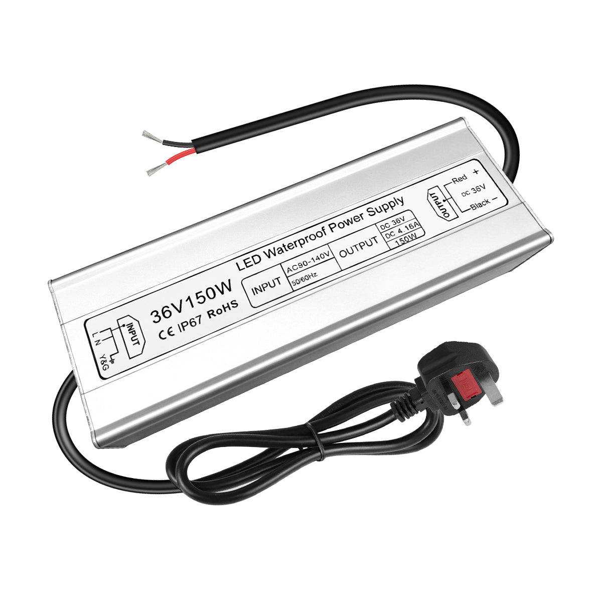Pilote LED 36 V, entrée 175–265 V, 100–400 W, sortie unique, alimentation à découpage étanche IP67, CE/RoHS/FCC — Options de fiches et de câbles UK/EU