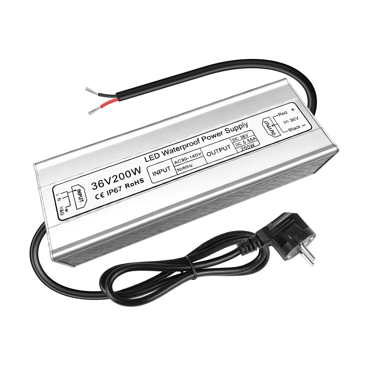 Pilote LED 36 V, entrée 175–265 V, 100–400 W, sortie unique, alimentation à découpage étanche IP67, CE/RoHS/FCC — Options de fiches et de câbles UK/EU
