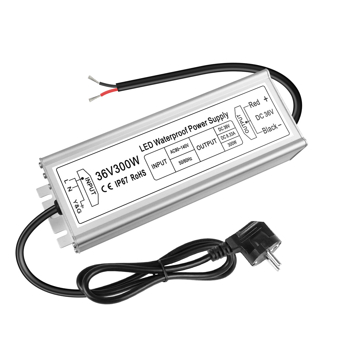 Pilote LED 36 V, entrée 175–265 V, 100–400 W, sortie unique, alimentation à découpage étanche IP67, CE/RoHS/FCC — Options de fiches et de câbles UK/EU