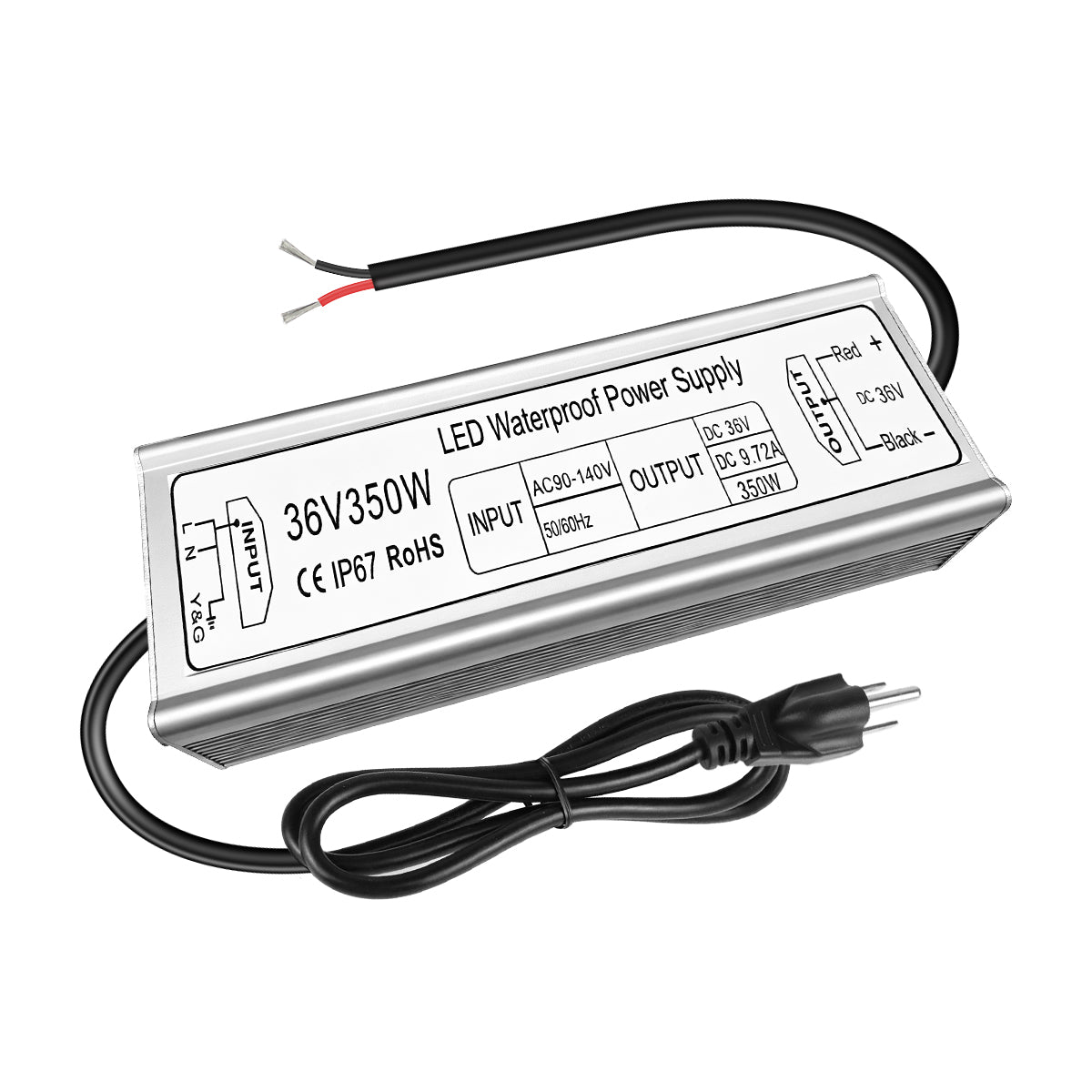 Alimentation LED 36 V (tension constante), entrée 90–140 V, 100 W–400 W, sortie unique, étanchéité IP67, CE/RoHS/FCC — Options de prise et de câbles américains