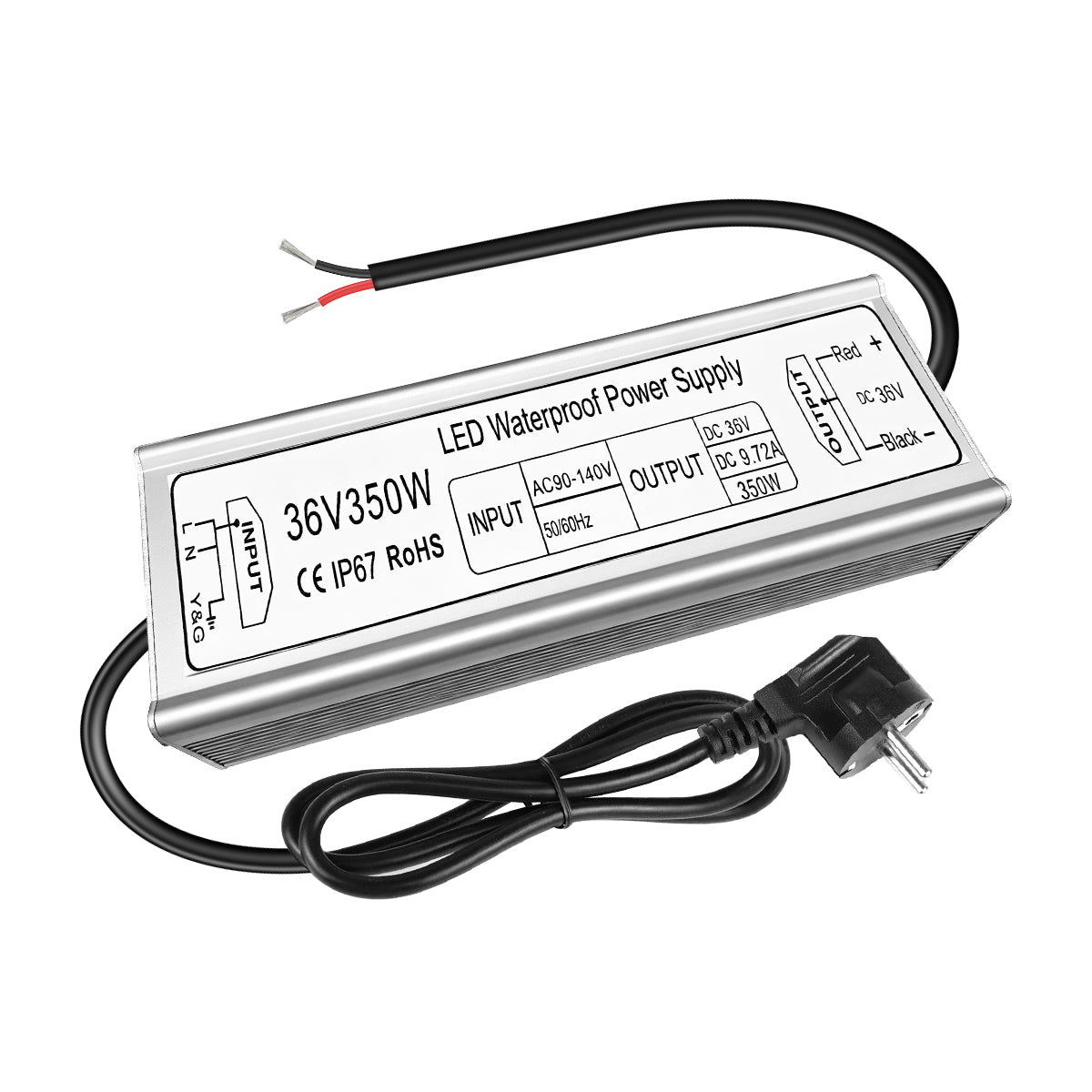 Pilote LED 36 V, entrée 175–265 V, 100–400 W, sortie unique, alimentation à découpage étanche IP67, CE/RoHS/FCC — Options de fiches et de câbles UK/EU