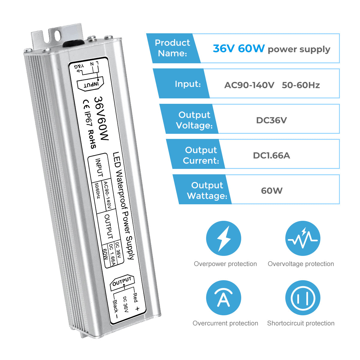 Alimentation LED étanche IP67 36 V (pilote) 60 W/80 W, entrée 90–265 V CA, sortie monofilaire, pilote LED extérieur, CE/RoHS/FCC — Fiche et câbles US/UK/EU (3 conducteurs)