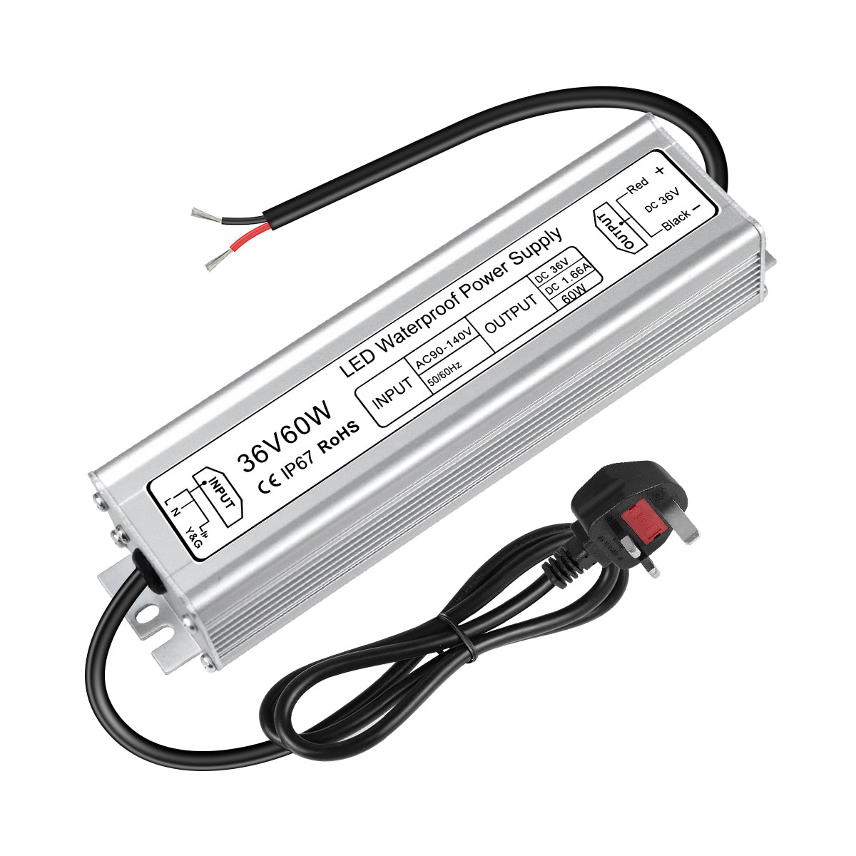 Alimentation LED étanche IP67 36 V (pilote) 60 W/80 W, entrée 90–265 V CA, sortie monofilaire, pilote LED extérieur, CE/RoHS/FCC — Fiche et câbles US/UK/EU (3 conducteurs)