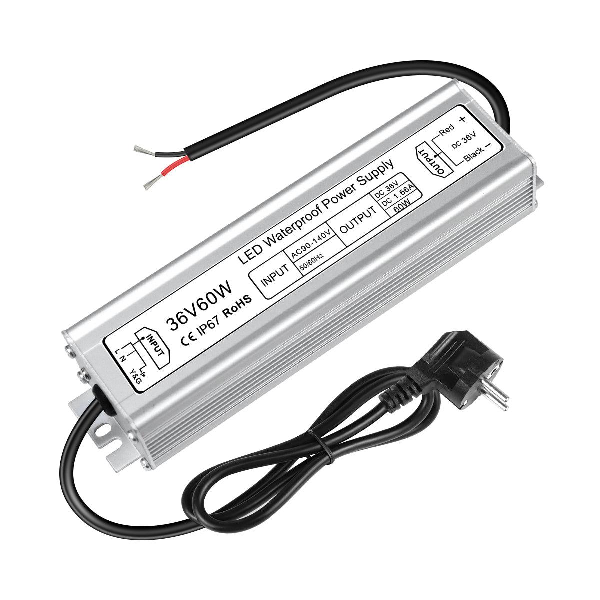 Alimentation LED étanche IP67 36 V (pilote) 60 W/80 W, entrée 90–265 V CA, sortie monofilaire, pilote LED extérieur, CE/RoHS/FCC — Fiche et câbles US/UK/EU (3 conducteurs)