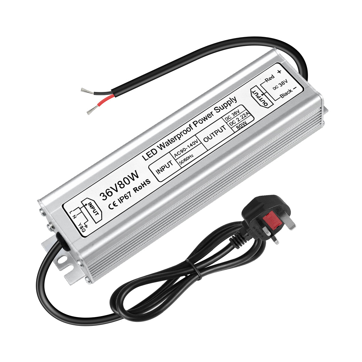 Alimentation LED étanche IP67 36 V (pilote) 60 W/80 W, entrée 90–265 V CA, sortie monofilaire, pilote LED extérieur, CE/RoHS/FCC — Fiche et câbles US/UK/EU (3 conducteurs)