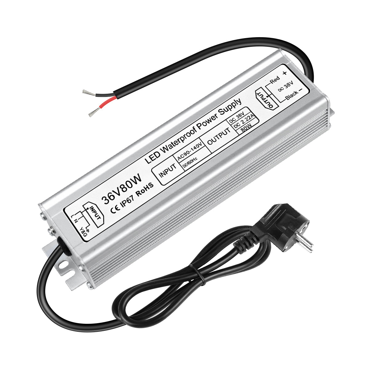 Alimentation LED étanche IP67 36 V (pilote) 60 W/80 W, entrée 90–265 V CA, sortie monofilaire, pilote LED extérieur, CE/RoHS/FCC — Fiche et câbles US/UK/EU (3 conducteurs)