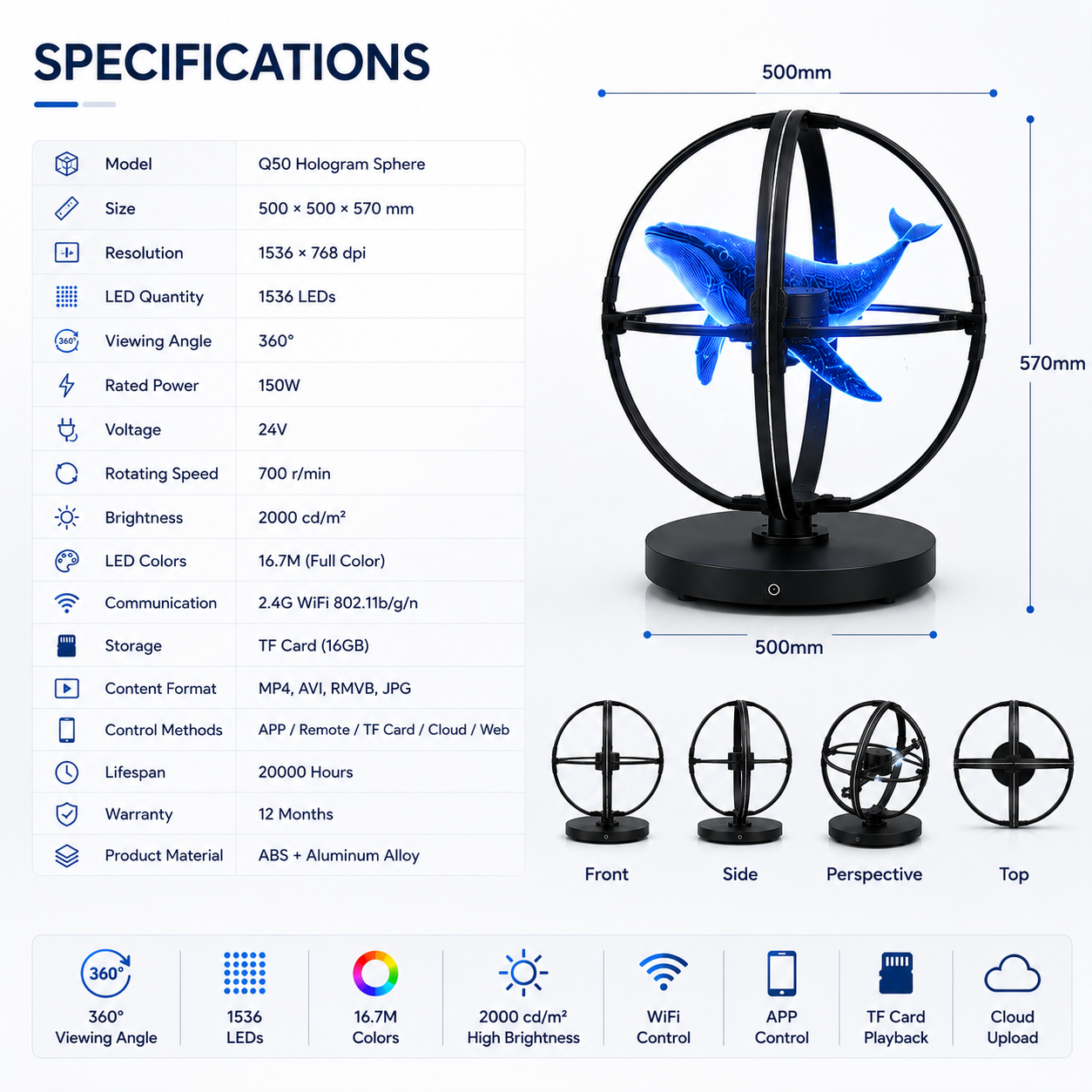 SPH-CL Series 50cm (19.7 inch) Medium Size | 3D Hologram Fan LED Display | Sphere Fan Cloud Control (AS) | LED Holographic Display | Fan Only | 4 Blades, Base Included, Power Adapter Included