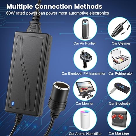 DC 12 V Zigarettenanzünder-Tischnetzteiladapter 60 W–120 W, AC 100–240 V Eingang, Konvertertransformator mit US/UK-Stecker – für Autozubehör, Luftpumpe, Kühler und Elektronik