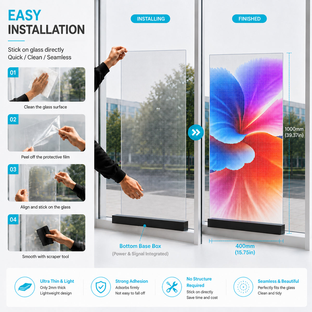 P6.25 Hochtransparente selbstklebende LED-Folie – 400 × 1000 mm (15,75 × 39,37 Zoll) | 2000/4000 Nits | 90 % Transparenz Glasaufkleber-Display für Schaufenster und Glasinnenwände | Mehrere Kit-Optionen | Plug & Play