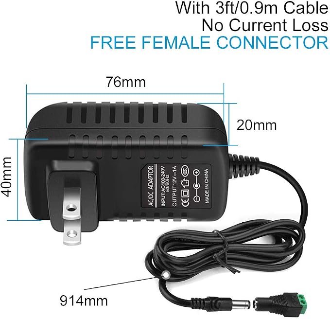 12-V-Netzteiladapter 12 W/24 W, AC 100–240 V Eingang, Wandstecker-Transformator, schwarzes Gehäuse – US/UK-Stecker, LED-Treiber für Streifen/CCTV/Elektronik