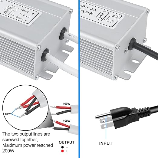 24V Waterproof LED Transformer, 90–140V Input, 200W–500W, Single/Dual Wire Output, CE/RoHS/FCC — US Plug & Wire Leads, Aluminum Housing, Outdoor Lighting Adapter