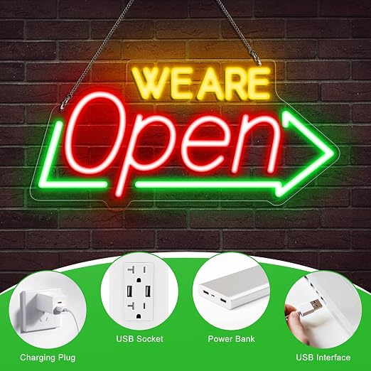 WE ARE OPEN Integrated LED Signs – USB Powered | 16.1×7.8 inch | Arrow Shape LED Window Sign | Yellow + Red + Green Glow for Storefront Display