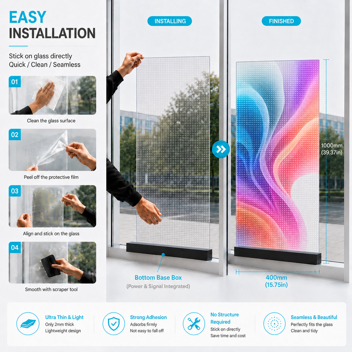 【Standard Modular Panel】HC Series P8 Adhesive Transparent LED Film – 400×1000 mm (15.75×39.37 in) | 2000nits / 4000nits | 92% / 87% Transparency Glass Display for Retail Windows & Exhibition | Multiple Kit Options | Plug & Play