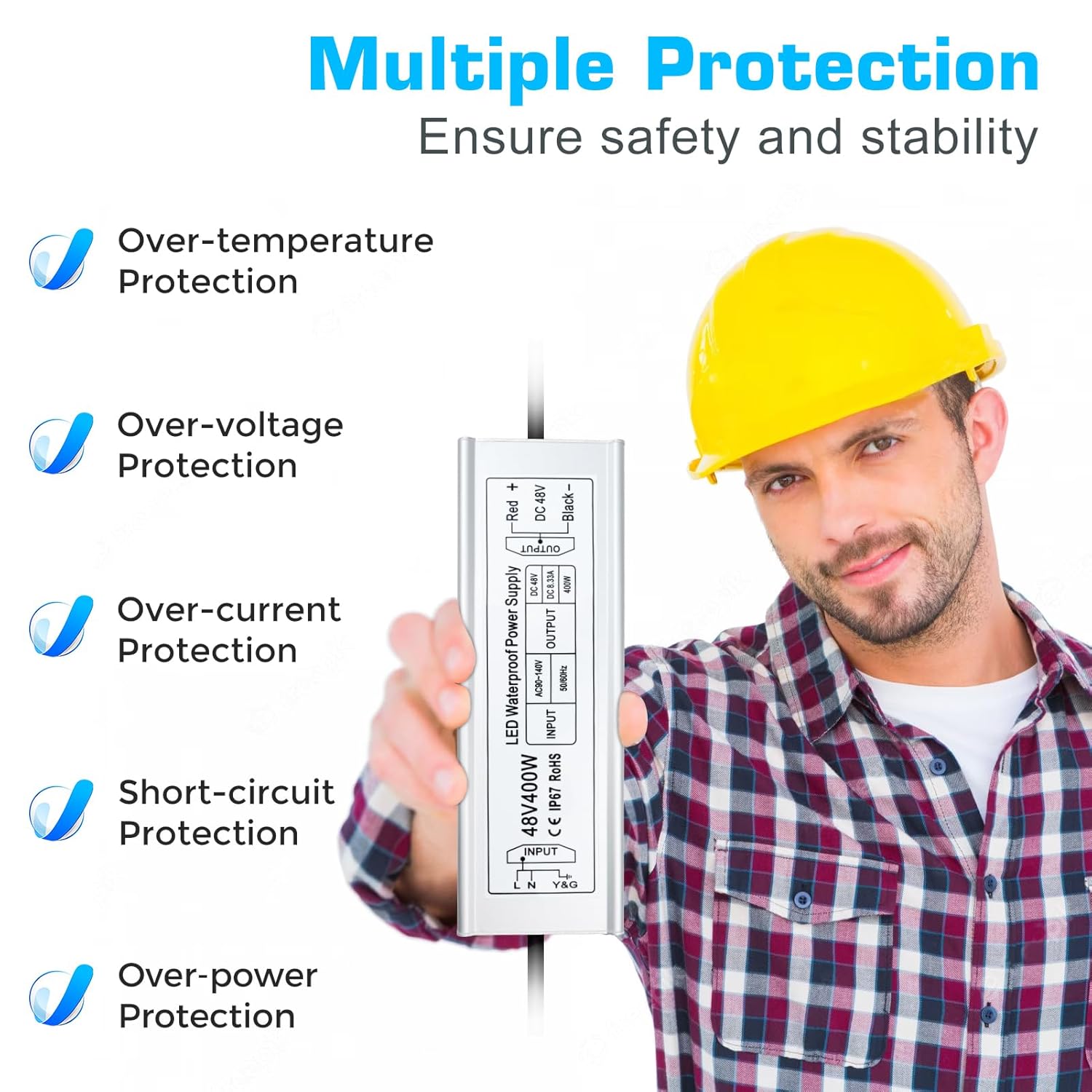 48V Waterproof LED Power Supply 60W–80W, 90–265V AC Input, Single Output Transformer, IP67 SMPS, CE/RoHS/FCC — US/UK/EU Plug & Wire Leads Options