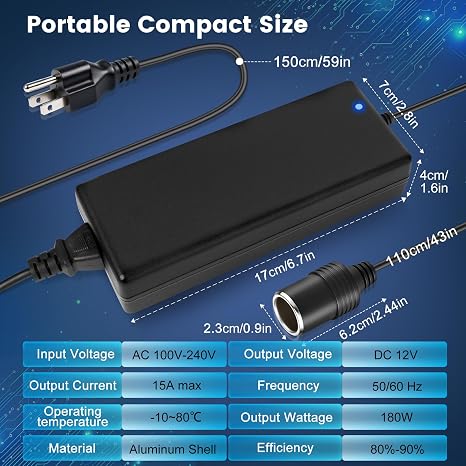 DC 12 V Zigarettenanzünder-Tischnetzteiladapter 60 W–120 W, AC 100–240 V Eingang, Konvertertransformator mit US/UK-Stecker – für Autozubehör, Luftpumpe, Kühler und Elektronik