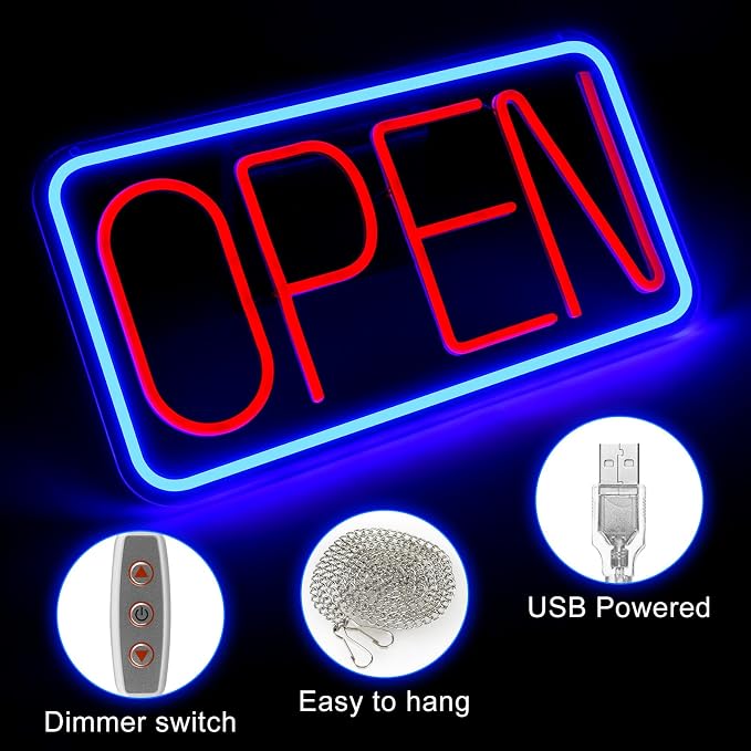 Enseigne néon OPEN – Alimentation USB | 44 x 24 cm | 6 couleurs disponibles | Suspension LED pour vitrine
