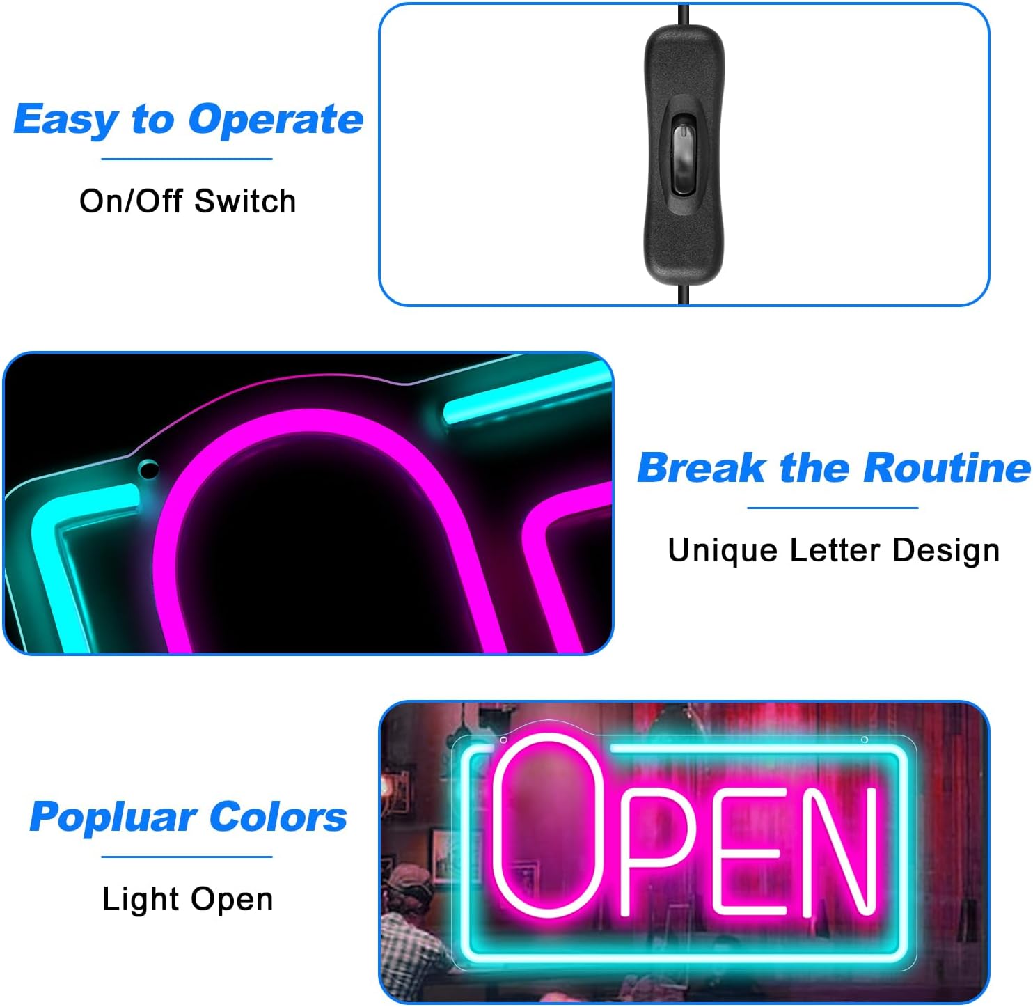OPEN Neon Sign – Big “O” Style | 5 Glow Color Options | 17×9 inch (42×22 cm) | Window Hanging | Plug & Play for Storefronts